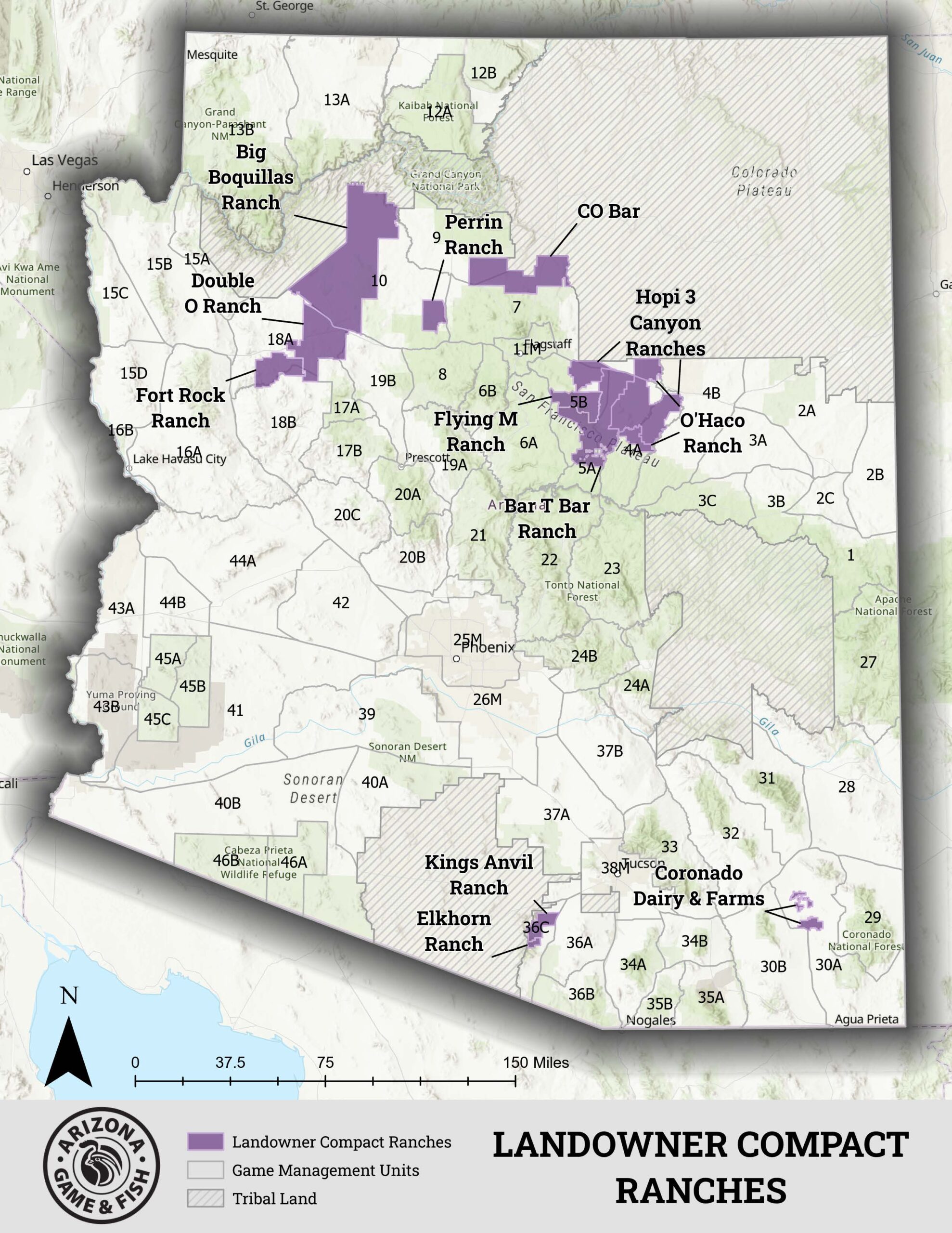 Image showing the landowner compact ranches, game management units and tribal land in the State of Arizona
